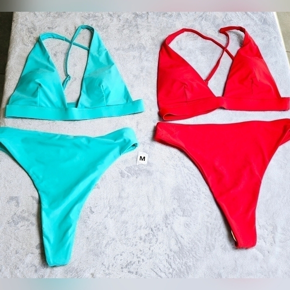 Other - 133.🆕Med Bundle Aqua and Red Thong Bikini Set Criss Cross Adjustable Straps